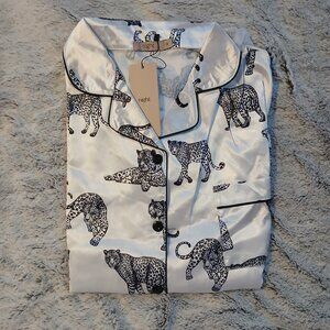 Night Women,s White Satin  Black Leopard Print Pajama Set  UK SZ 12 / US SZ 8